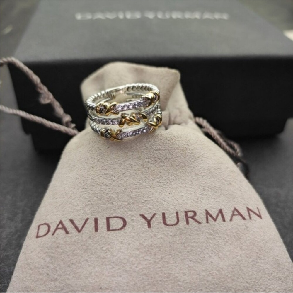 David Yurman Two-Tone Diamond Cable Stackable Ring - Silver & Gold sz7